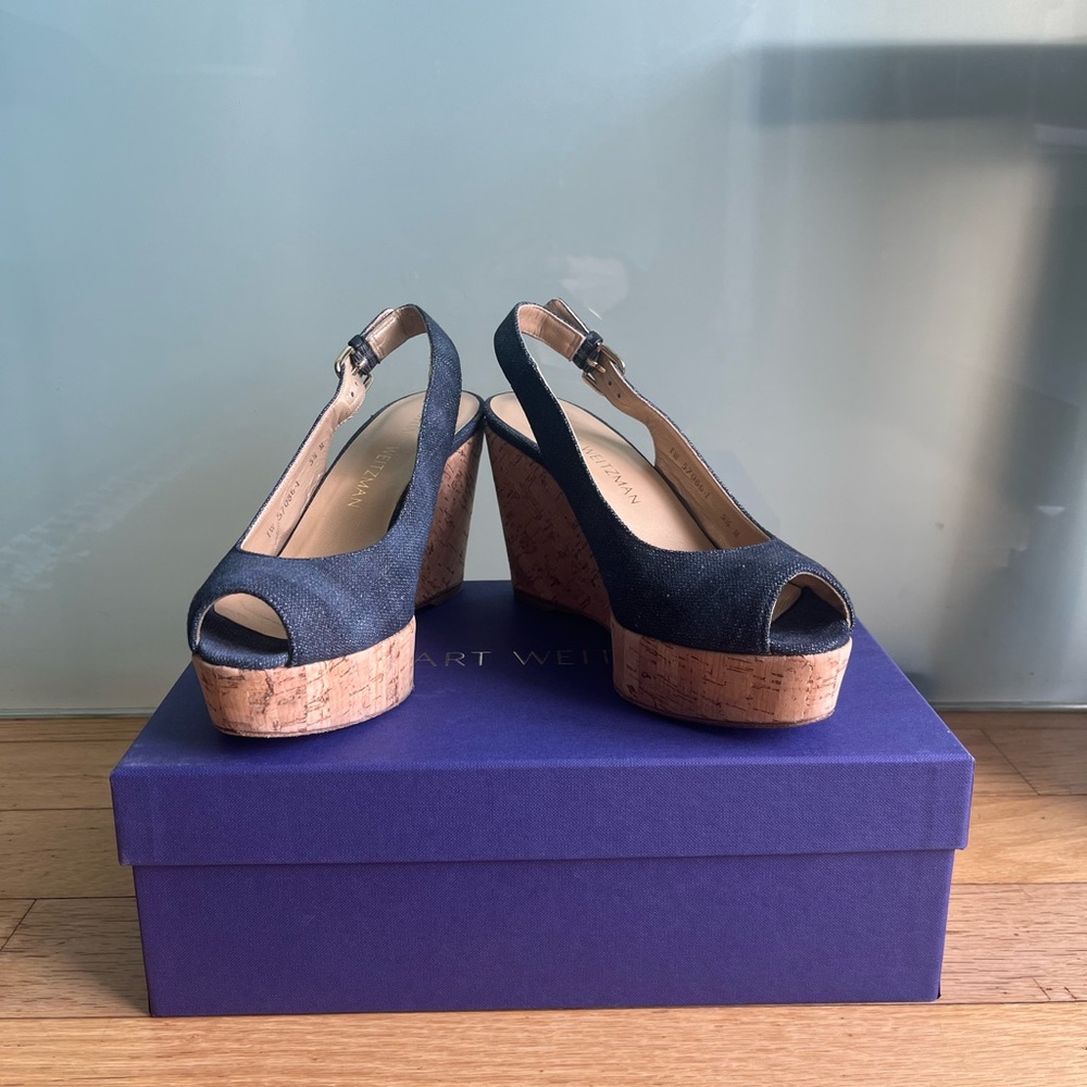 Stuart Weitzman Navy Wedge Sandals